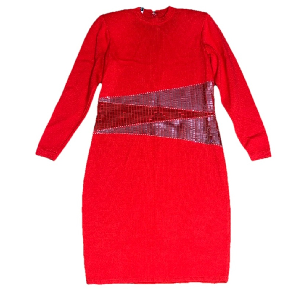 St. John Evening VTG Vintage Santana‎ Knit Paillette Long Sleeve Dress Red 6